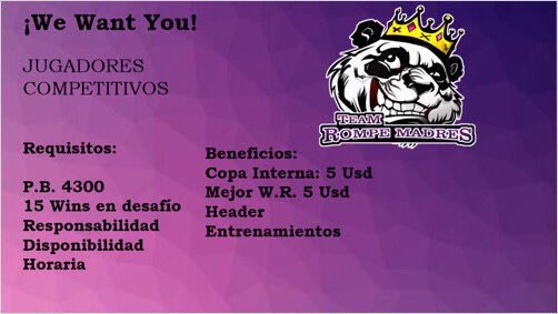 🐼Reclutamiento Team RompeMadres🐼

Estamos en busca de jugadores competitivos 

Para mayor informacion mandar MD📩

⚡️Requisitos en la imagen, Ayuden a difundir🤘⚡️