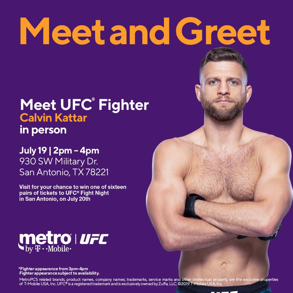 Hey San Antonio! See you guys tomorrow @MetroByTMobile (930 SW Military Dr) at 3:00pm and you could win #UFCSanAntonio tickets 👊🏽