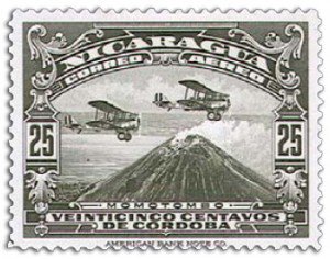 Nicaragua: the First Airmail Stamps: Apart from the early overprints in 1929, the first airmail stamp design for Nicaragua was the well known ‘aeroplanes flying over the volcano of Momotombo’. philatelicdatabase.com/airmails/nicar…