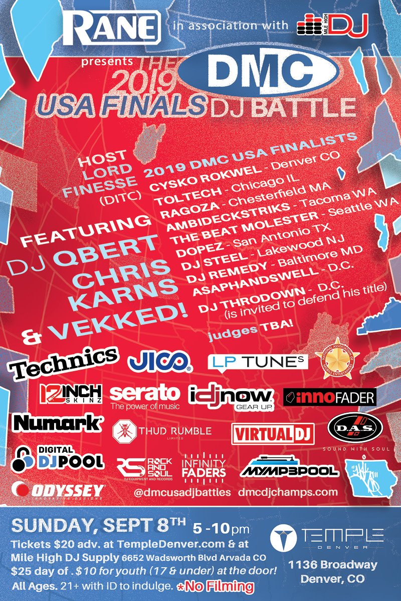 DMC USA DJ Battles (@dmcusadjbattles) on Twitter photo Sept 8: 2019 DMC US Finals! <a href="/RaneDJ/">RANE</a> Mile High DJ Supply <a href="/technics/">Technics</a> <a href="/Serato/">Serato</a> <a href="/LP_Tunes/">LP Tunes</a> @JICO_stylus <a href="/VirtualDJ/">VirtualDJ</a> <a href="/12inchskinz/">Twelve Inch Skinz</a> <a href="/digitaldjpool/">Digital DJ Pool</a> <a href="/idjnow/">idjnow</a> <a href="/dasaudio/">DAS Audio</a> <a href="/namentertainers/">NAME Entertainers</a> <a href="/Odyssey_Gear/">Odyssey Gear</a> <a href="/Numark/">Numark</a> <a href="/mymp3pool/">DJ MP3 Record Pool</a> <a href="/ThudRumble/">Thud Rumble</a> <a href="/idjnow/">idjnow</a> <a href="/Innofader/">Innofader</a> <a href="/DJRockandSoul/">Rock and Soul</a> <a href="/infintyfaders/">Infinity Faders</a> @DMC_DJ_Champs Sept 8: 2019 DMC US Finals! <a href="/RaneDJ/">RANE</a> Mile High DJ Supply <a href="/technics/">Technics</a> <a href="/Serato/">Serato</a> <a href="/LP_Tunes/">LP Tunes</a> @JICO_stylus <a href="/VirtualDJ/">VirtualDJ</a> <a href="/12inchskinz/">Twelve Inch Skinz</a> <a href="/digitaldjpool/">Digital DJ Pool</a> <a href="/idjnow/">idjnow</a> <a href="/dasaudio/">DAS Audio</a> <a href="/namentertainers/">NAME Entertainers</a> <a href="/Odyssey_Gear/">Odyssey Gear</a> <a href="/Numark/">Numark</a> <a href="/mymp3pool/">DJ MP3 Record Pool</a> <a href="/ThudRumble/">Thud Rumble</a> <a href="/idjnow/">idjnow</a> <a href="/Innofader/">Innofader</a> <a href="/DJRockandSoul/">Rock and Soul</a> <a href="/infintyfaders/">Infinity Faders</a> @DMC_DJ_Champs