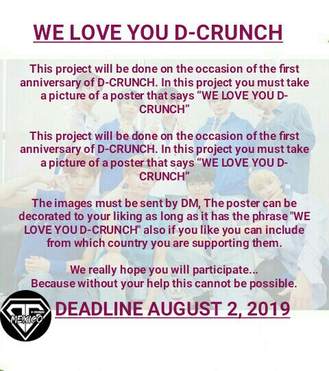 DiamondCrunchMX's tweet photo. El primer aniversario de los chicos se acerca y esperamos que puedan participar en este proyecto.
#D_CRUNCH #Diana  #디크런치 @D_CRUNCHTURKEY @DCRUNCHnet @DCrunchWW @DCRUNCH_Arg @DCRUNCHINTL @DCrunchBrasil @DCrunchUS https://t.co/1bMaQlSe67