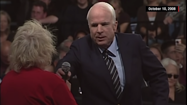 thehill's tweet photo. Video of McCain shutting down supporter who called Obama "Arab" goes viral after Trump fails to silence "send her back" rally chant https://t.co/xDkc7e6TkB https://t.co/MsLYOiwdFj