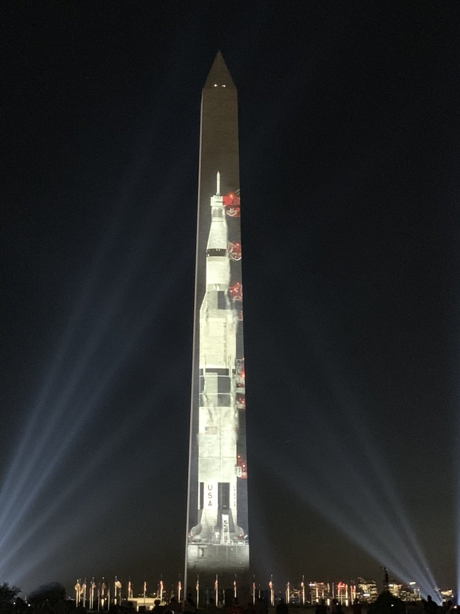 Imagine my delight when I drove by the #WashingtonMonument and saw our rocket projected on its exterior for the #ApolloXI 50th Anniversary. #welldone Roadtoapollo.com