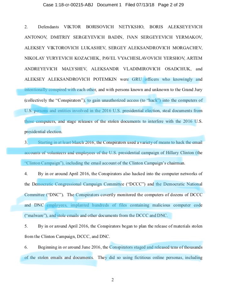 24/ CONSPIRACY AGAINST THE UNITED STATES: GRU Indictment.12 members of Russian military intelligence—including high-ranking officers—indicted for committing cyber crimes to interfere with the 2016 U.S. election.Their primary target: Hillary Clinton and the democratic party.