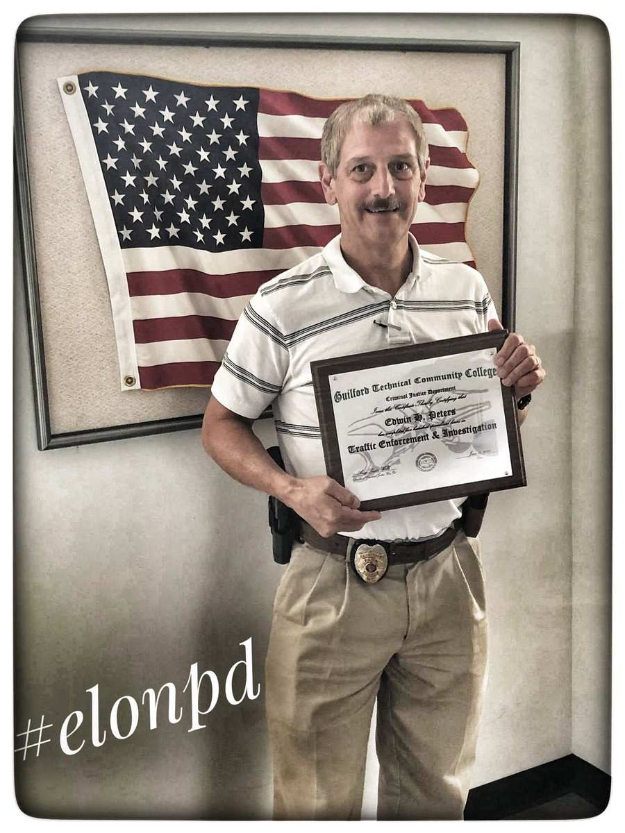 ElonPoliceDept's tweet photo. We would like to congratulate MPO Ed Peters on receiving his Traffic Enforcement and Investigation Certificate through GTCC.  This certificate requires 500 hours of traffic enforcement investigation training.  MPO Peters is also Elon Pd's accident re-constructionist.
#elonpd https://t.co/EFCaeJkb8w