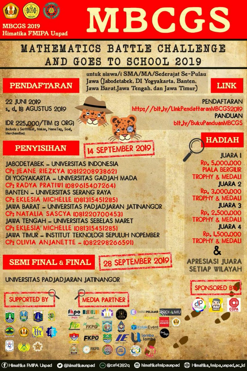 Himatika FMIPA Unpad proudly present: 

"Mathematics Battle Challenge and Goes to School 2019"

Pendaftaran : bit.ly/LinkPendaftara…

Ketentuan bit.ly/BukuPanduanMBC… 

Info :
Line : @lzw7982c
Ig : <a href="/mbcgsunpad/">MBCGS Unpad</a>
Tw : <a href="/mbcgsUnpad/">MBCGS Unpad</a>
Fb : MBCGS Unpad
Web : himatika.fmipa.unpad.ac.id/mbcgs