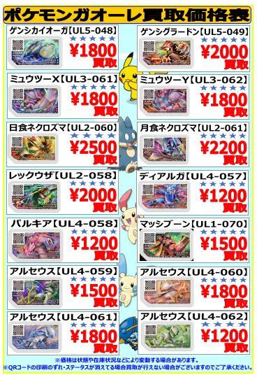 買賊王 秋葉原店 ラジオ会館店から金髪店員がお知らせ ポケモンガオーレ 買取情報 新コース追加されましたが 過去の ポケモンが全然いないので買取強化中 ゲンシカイオーガ1800 ゲンシグラードン00 日食ネクロズマ2500 月食ネクロズマ20 お手元で