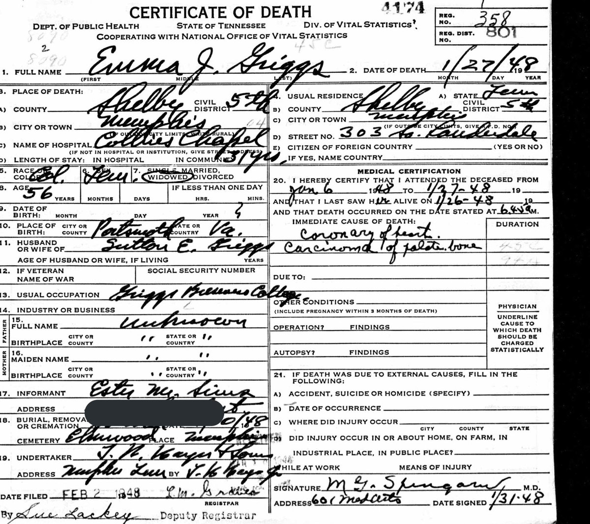 She started Griggs Business College in Memphis, TN, a practical arts and business institution. My. God. I had to know more!  @Ancestry to the rescue. I searched their archives and found her death certificate...If you zoom in on her occupation...it lists her school.