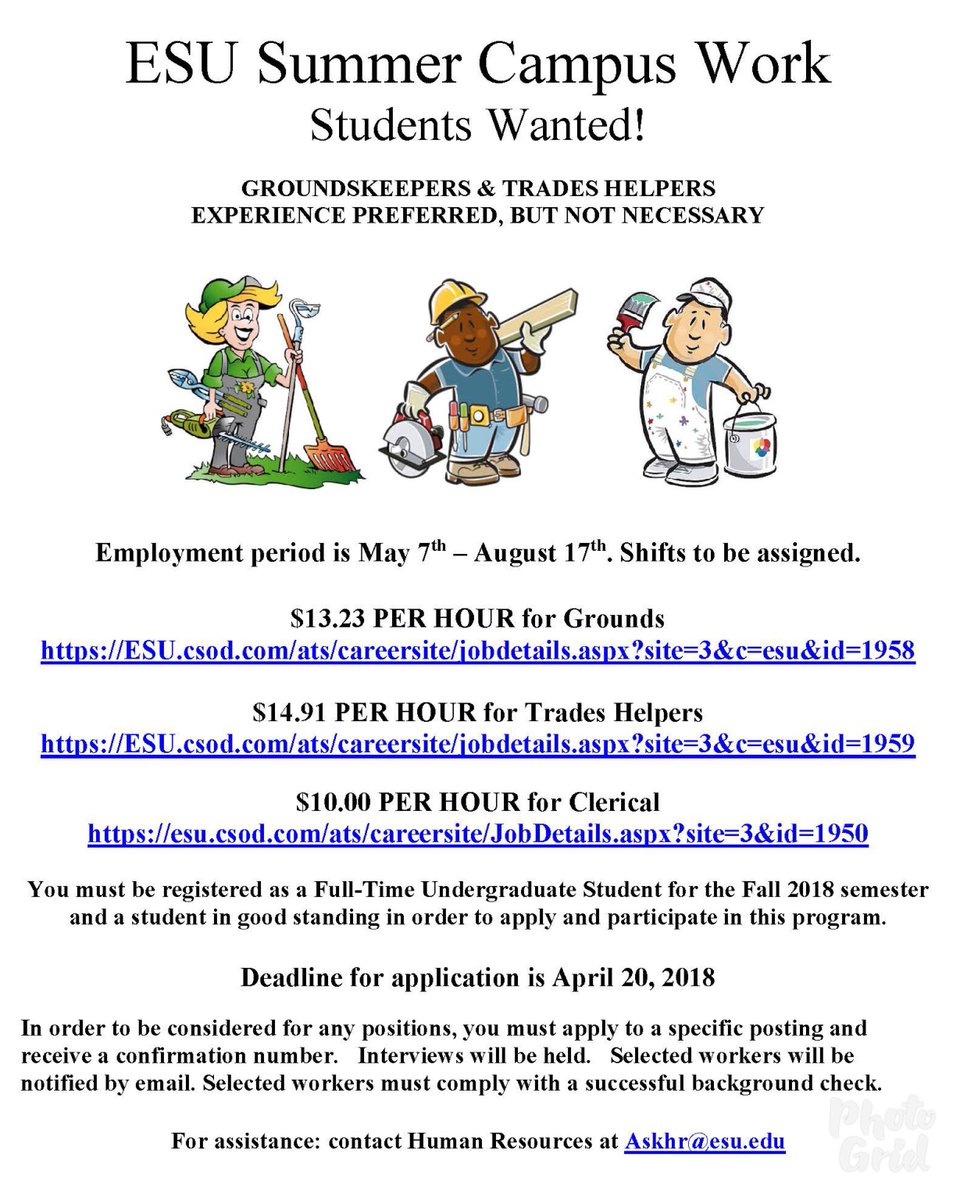 ESUadvisory's tweet photo. Any student looking for summer employment? Apply ASAP.
@ESURec @ESUSenate @ESU_SAA @ESU_GREEK_LIFE @ESUniversity @ESUCollegeofEd @ESUCAB @ESU_Campus https://t.co/9sbdPQNqN6