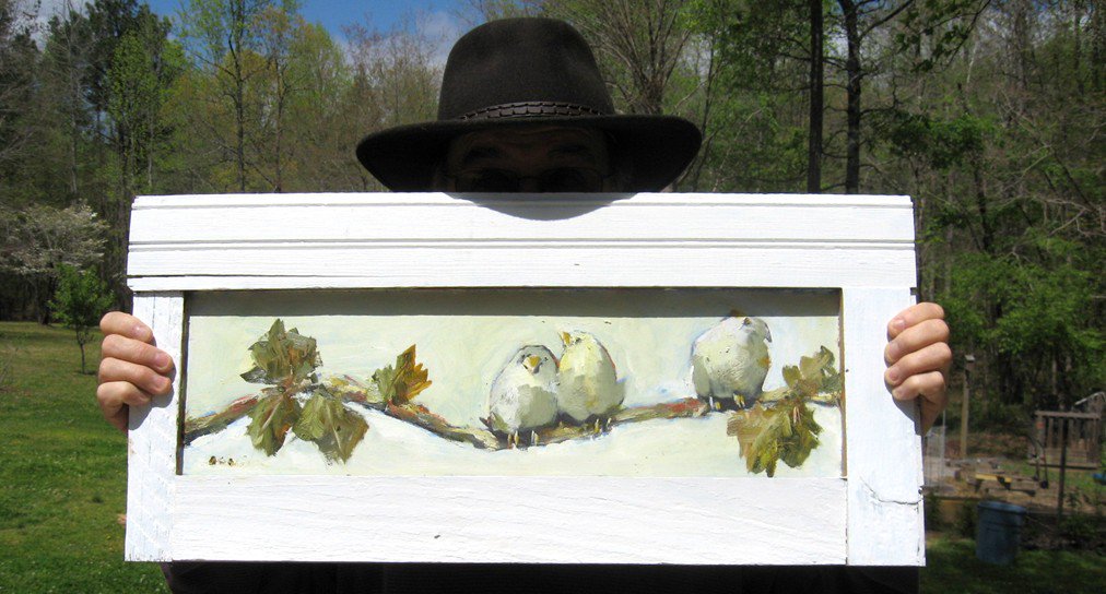 I do believe that rustler in the black hat is about to make off with one of my #birdpaintings !  #farmhouseart #barnwood #birdart