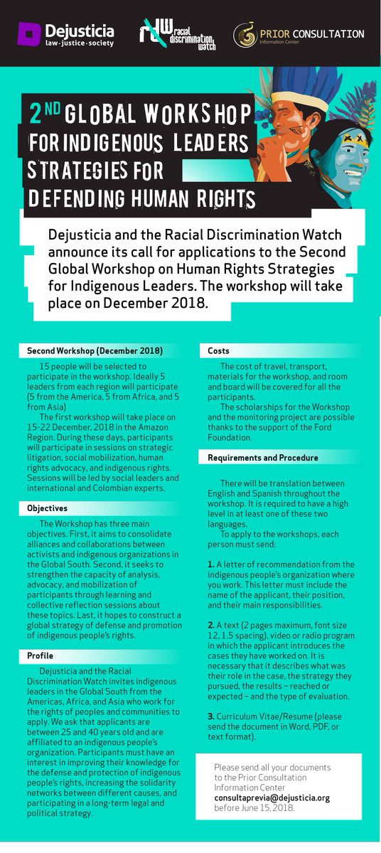 ConsultaPrevia2's tweet photo. Call for applications! @UNSR_VickyTauli @Jim_Anaya @UN4Indigenous @DKaimowitz @aippccmin @aippnet @AmazonMiller @Tiokasin @CesaRodriGaravi @ZenPeacemakers @IWGIA @StandingRockST @FNDI303 @EarthRightsIntl @ForestPeoplesP @CIDH @BHRRC @Global_Witness @witnessorg https://t.co/HnwUSdVUeh