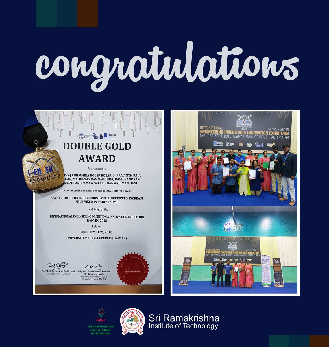 SREI_CBE's tweet photo. Faculty & students participation in the project expo "i-ENVEX 2018" @ UniMAP literally brought all awards to the college!#iENVEX #ENVEX #UniMap #PauhPutra #IFIA #mYris #wiipa #Malaysia #NortonUniversitySpecialAward #DoubleGoldMedal #SilverMedal #GoldMedal #SRIT #ContributionAward https://t.co/q7VIezJ061