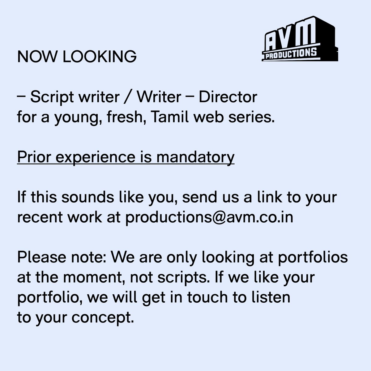 avmproductions's tweet photo. * Call for interesting web series scripts * 

Do you have a script that will make for a fantastic web series? Then, we want to hear from you! Send us an email at > productions@avm.co.in < with your concepts and we will get in touch with you! https://t.co/RokHcx521y