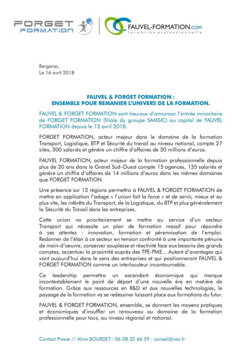 fauvelformation's tweet photo. Le groupe #ForgetFormation et @fauvelformation ont annoncé ce jour à Paris leur mariage pour constituer le 1er groupe national privé #transport #logistique @ValDeymes @SO_Dordogne @LRoutiers @logistiqueNews @Avenir_Log @_CNR__ @_OTRE_ @Job_Logistique @clubtranlog @logistiqueNews https://t.co/bQkQQmjYch