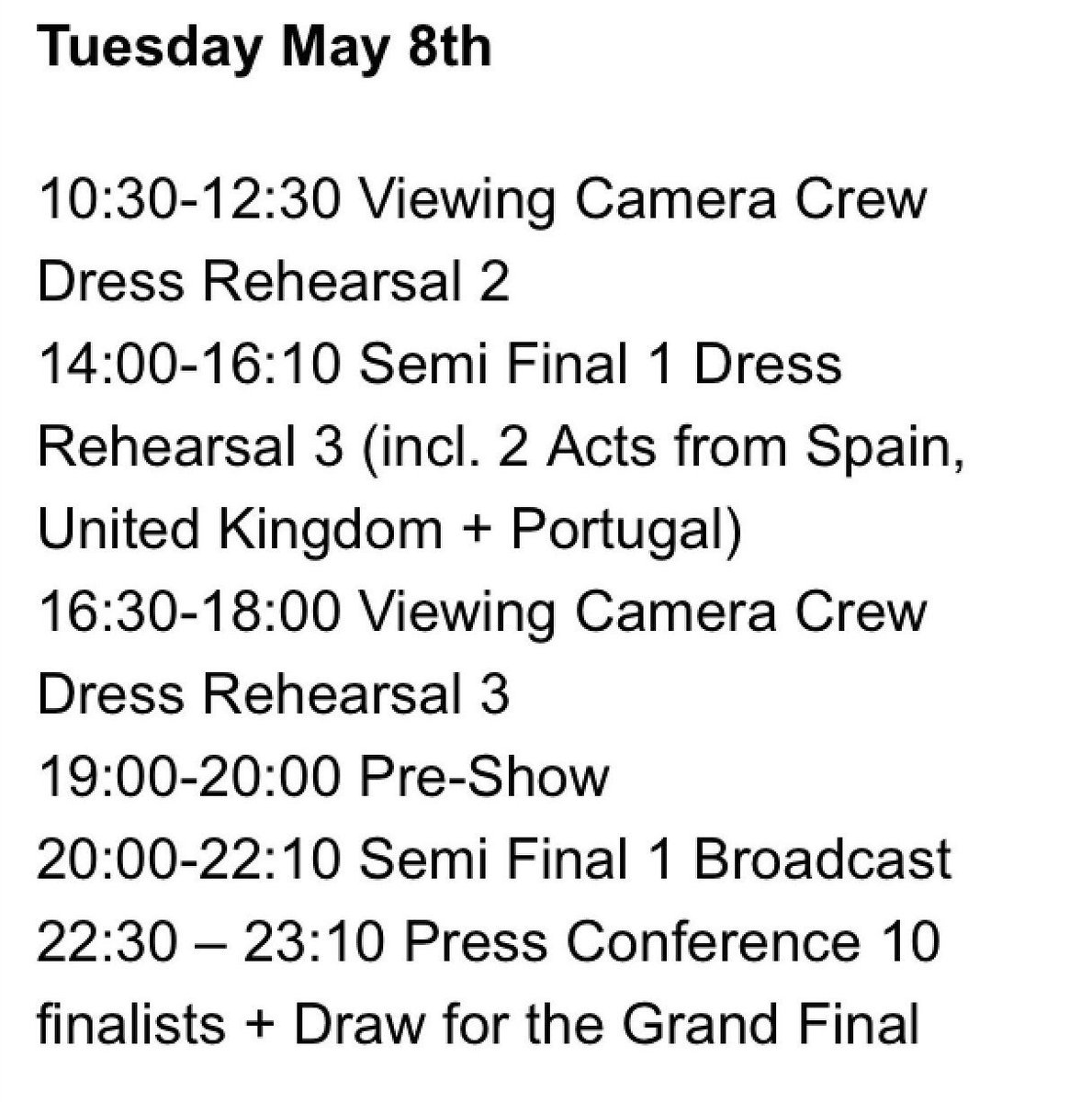 TeamAlfredESP's tweet photo. INFO| 💥Horario Ensayos Eurovisión💥
🔸4 de mayo de 16:15 a 16:45.
🔸6 de mayo, de 10:50 a 11:10 am.
🔸7 de mayo, ensayo con cámaras a las 10 y con estilismos a las 14.
🔸8 de mayo ensayo con ropa a las 14.
🔸11 de mayo Ensayos Generales y rueda de prensa del Big5 y Portugal. https://t.co/P4GlYD7o6z