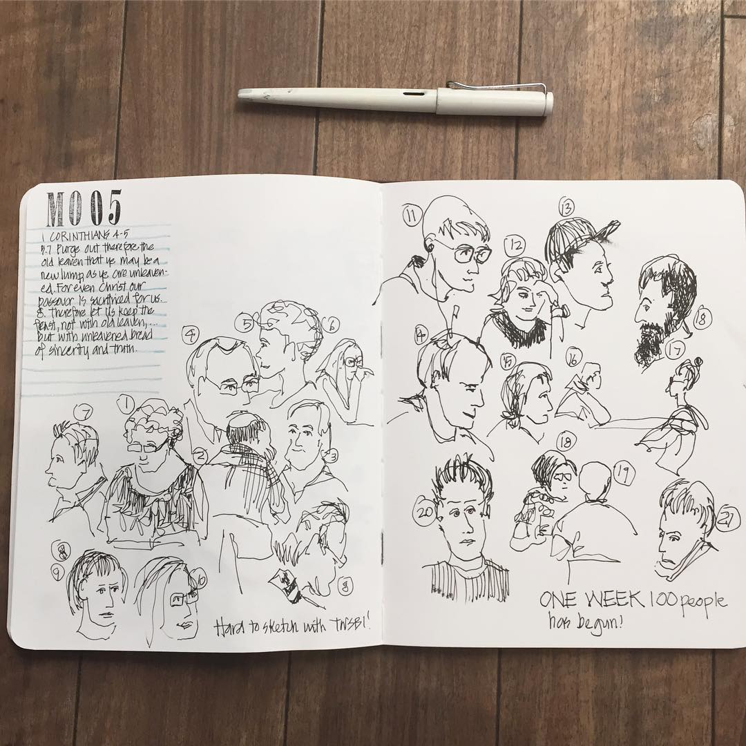 sketchbookskool's tweet photo. Here's some #SBSsketchbookinspiration from our fakulty member Liz Steel from early March: #oneweek100people2018 has begun. I'm so out of practice so here are 20 warmup up sketches at Perth airport. My goal is to complete 100 sketches with watercolour. https://t.co/h581umrv3C