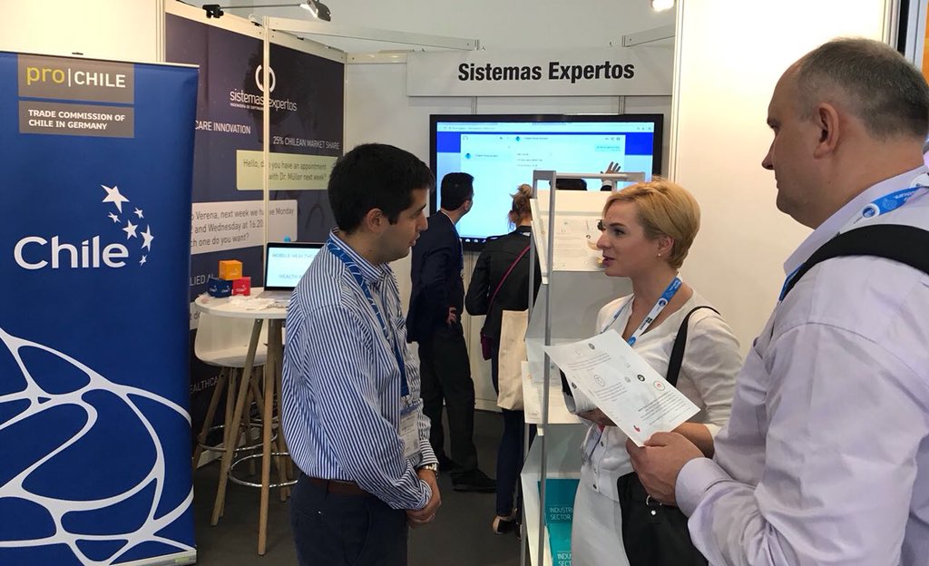 SEISChile's tweet photo. Ya instalados en la feria de Berlin #conhit18. Mostrando nuestras soluciones de chatbot para la industria de la salud. #salud #innovacion #chatbots @prochile_de @rcarvajalj @pepearayao https://t.co/tJG4xUIG2Y