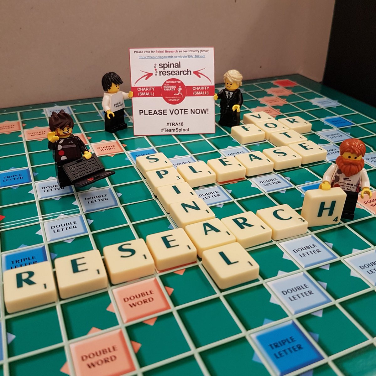 SpinalResearch's tweet photo. Vote Spinal Research! Only 2 days left to vote for us to win best Charity (Small) at @RunningAward. Our friends @VMGiving will be presenting the award to the winner. https://t.co/NSvgl56rWw #FingersCrossed #TeamSpinal #TRA18 #vote #run #running #LegoEric #Lego #Scrabble #ThankYou https://t.co/QYWcvZUYPo