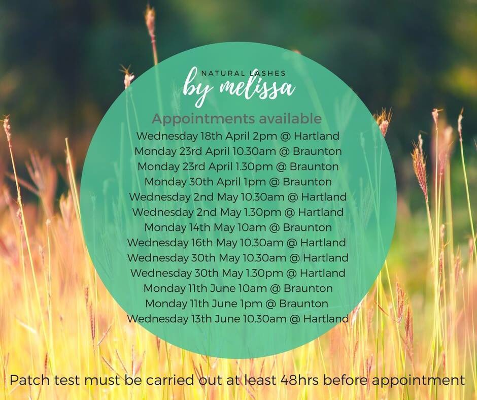 HartlandHouse's tweet photo. *UPDATED* current list of available appointments for our Half Price lash offer https://t.co/uHzA3ZX0IH