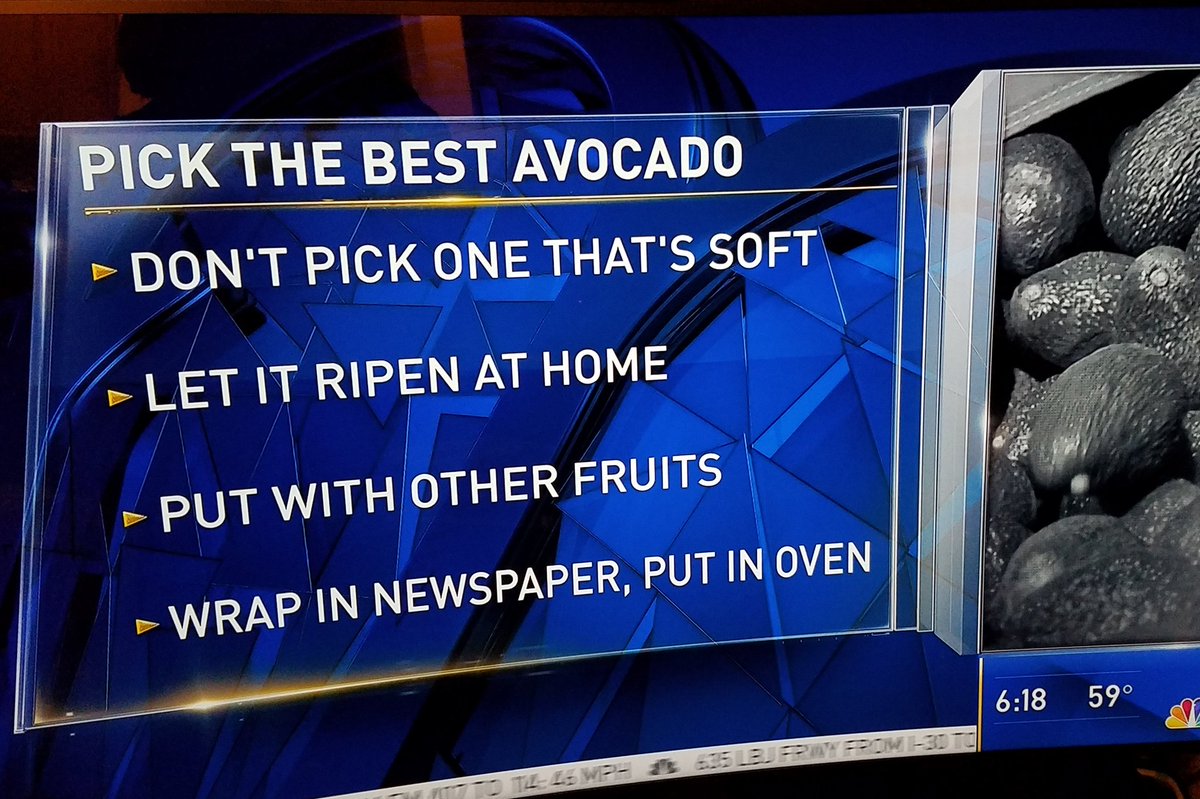 SandyKulkarnee's tweet photo. Thank you @NBCDFW for tips on how to pick the Best Avocado. Also some other simple #qualitative observations may help - like checking the shade of green color for outer shell. Storing in brownbag increases #RateOfReaction #RealTimeChem #ChemistryIsEverywhere https://t.co/vr6hqeW0li
