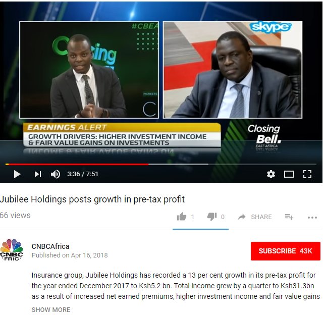 JubileeGroupKE's tweet photo. Jubilee Holdings Regional CEO @Kipngetichjk was on @cnbcafrica yesterday talking about our impressive 2017 end year financial results. 

Watch the full interview here: https://t.co/ztSHlnYxiz https://t.co/ADtN90vxF5