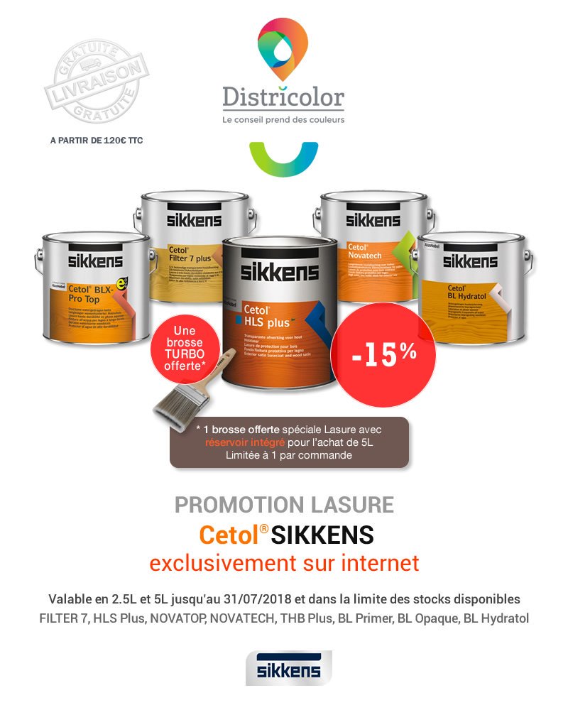 Districolor's tweet photo. Profitez des #Promotions de #Lasure #Cetol® #Sikkens de -15% parmi notre sélection #Sikkens + 1 #brosse offerte* spéciale lasure réservoir intégré https://t.co/cg14lBJiXA #Offres valables en 2,5L et 5L jusqu'au 31/03/2018, dans la limite des stocks disponibles #filter7 #Novatop https://t.co/O5q0hxwecu