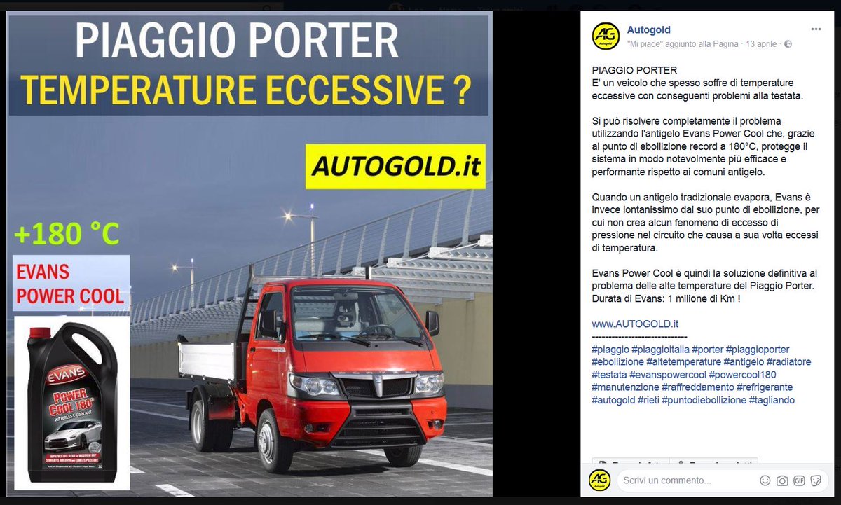 AUTOGOLD_it's tweet photo. IL PIAGGIO PORTER soffre da sempre di temperature eccessive.
La soluzione definitiva è l'antigelo EVANS POWER COOL, ebolliziona  180°C !
https://t.co/NTGfn990VD

#piaggio #piaggioporter #porter #piaggioitalia
#ebollizione #evanspowercool #antigelo #temperature
#manutenzione https://t.co/2C1EjdnkCG