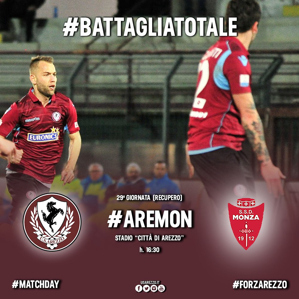 ArezzoCalcio's tweet photo. ⭕ #MATCHDAY ⭕ #BATTAGLIATOTALE ⭕
#CuoriAmaranto, è il giorno di #Arezzo-#Monza!
⚽ #AreMon
🏆 Serie C, ventinovesima giornata (recupero)
🗓 17 aprile 2018, ore 16:30
📍 Stadio "Città di Arezzo”
#ForzArezzo! ⚽ #SoloAmaranto ⭕ #AvantiArezzo https://t.co/pc7GewM7Ti