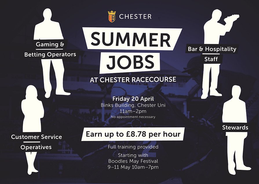 Find out more about working at Chester Racecourse this Friday - drop into Binks anytime between 11am &amp; 2pm to meet one of the team, with a current CV if you have one  <a href="/uochester/">University of Chester</a> <a href="/cherelle_lm/">Cherelle</a> <a href="/csu_education/">Sophie Bell</a>