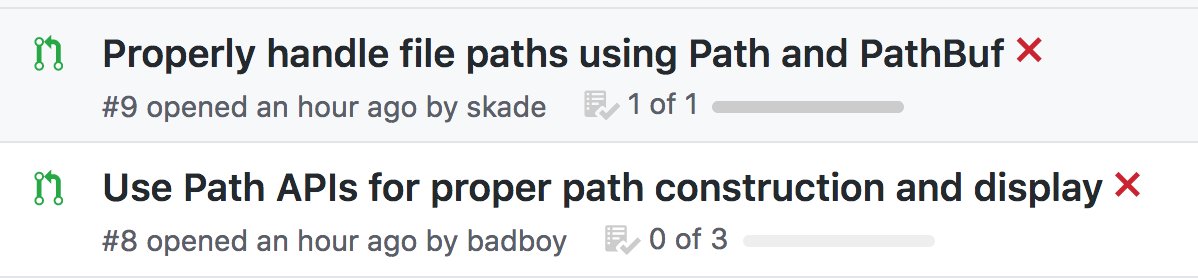 2 pull requests, one from skade, one from badboy, changing String for Path in the human-panic crate
