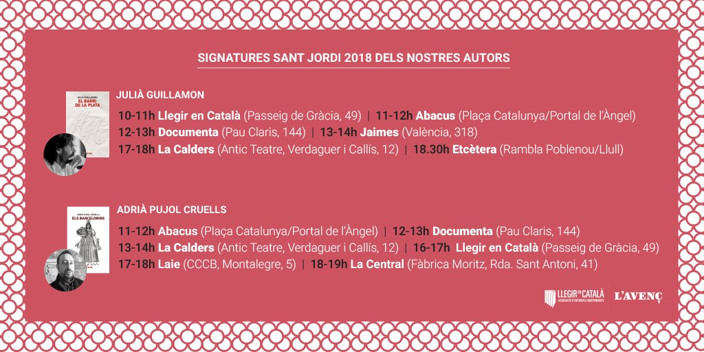 L_Avenc's tweet photo. ✍🏼SIGNATURES
#SantJordi2018 #SantJordiLeC
Enguany tindrem dos dels nostres autors amunt i avall signant a diferents parades
👨🏻💻@JuliaGuillamon amb #ElBarriDeLaPlata i @AdriPujol amb #ElsBarcelonins
Els recorreguts aquí 👇🏼 https://t.co/LnYOnAXn9L