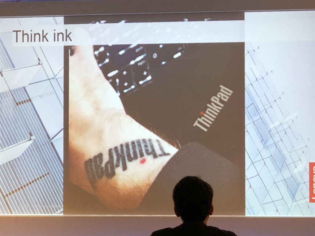 AndrewGrill's tweet photo. Apparently one @Lenovo #influencer has a tattoo of their brand in their arm. That’s brand love! #IMHuddle https://t.co/2YXA8GHZLR