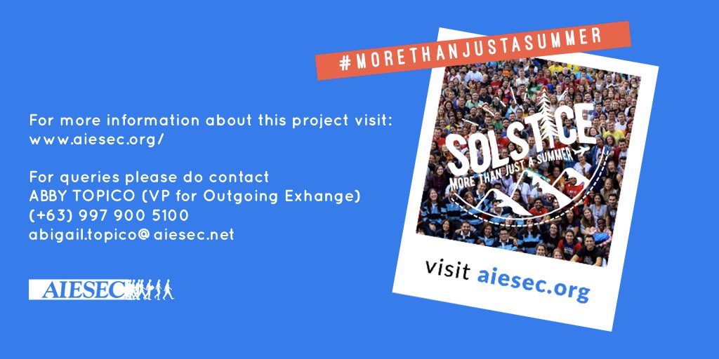 AIESECinPUP's tweet photo. For queries please do contact
ABBY TOPICO (VP for Outgoing Exhange)
(+63) 997 900 5100 / abigail.topico@aiesec.net https://t.co/mkc9mhWhIy