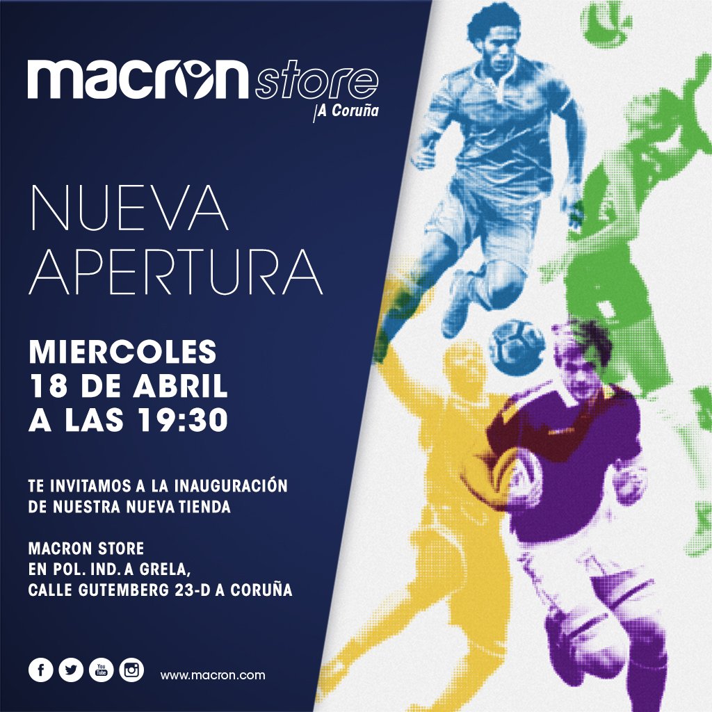 MacronSports's tweet photo. Estamos honrados a invitarlo a la inauguración del nuevo Macron Store A Coruna ubicada en Pol. Ind. A Grela Calle Gutemberg 23-D. Estamos listos, ¿y tú? #WorkHardPlayHarder #BePartOfUs #BeMacron https://t.co/Yo6lQPlcRg
