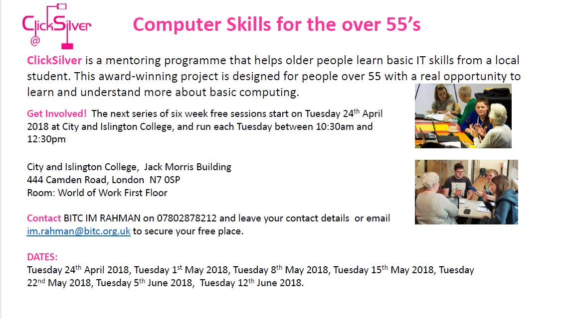volaction_is's tweet photo. #ClickSilver is a programme that helps older people learn basic IT skills &amp; basic computing.
FREE and run every Tuesday for six weeks starting on Tuesday 24th April at 10.30am at City &amp; Islington College. im.rahman@bitc.org.uk. @BITC https://t.co/Ima1npAAMj