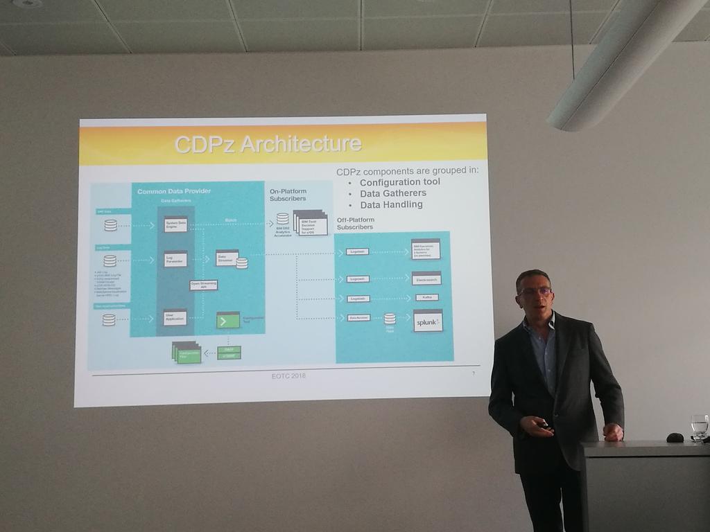 nicochillemi's tweet photo. Domenico D'Alterio @Dom72D talking at the #EOTC about the #IBMz Operation Analytics solutions by introducing the architecture of #CDP IBM Common Data Provider, able to make possible ingesting #zOS data to many Operations Analytics tools like #ITOA or #Splunk https://t.co/EB2TO31uQq