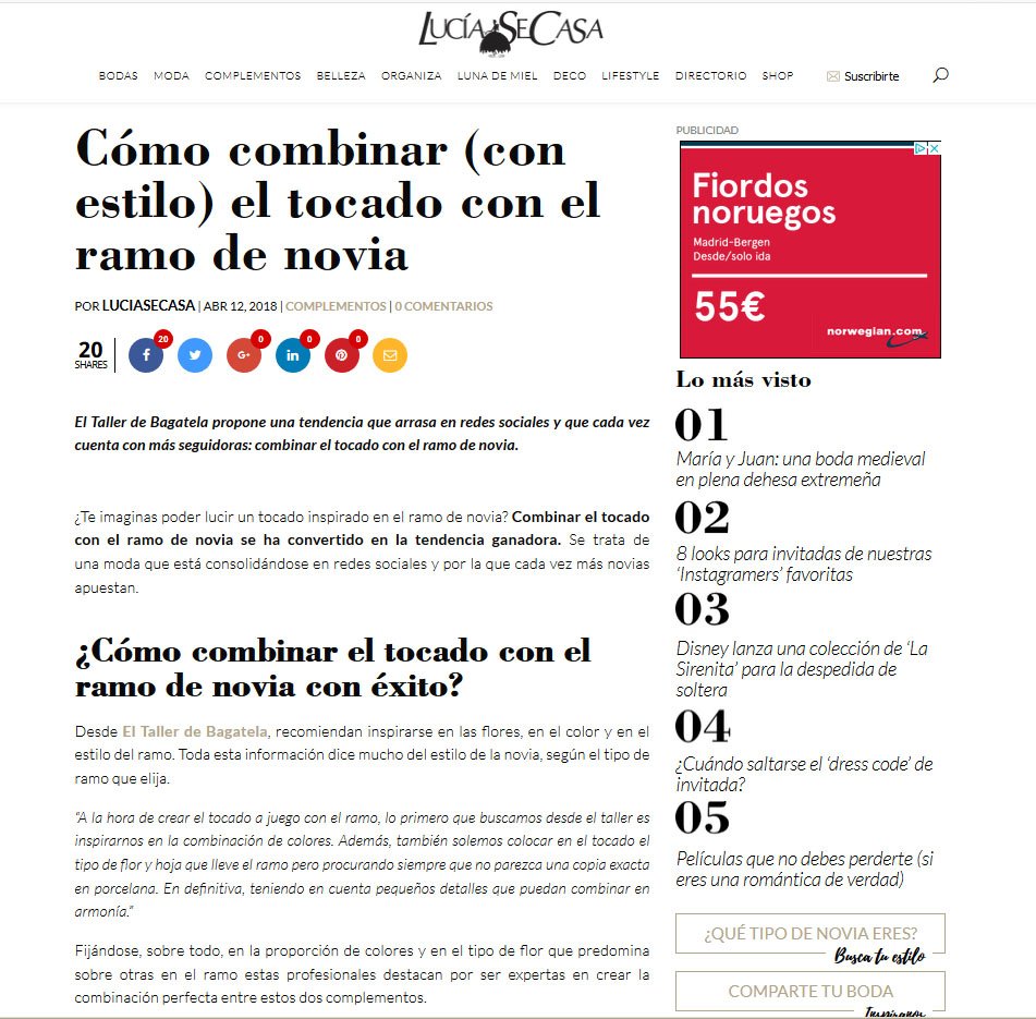 Los #tocados para #novias de El Taller <a href="/DeBagatela/">El Taller de Bagatela</a>, destacados en el portal web de #bodas referencia: <a href="/LUCIASECASA/">LucíaSeCasa</a> 👰