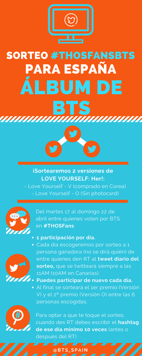 BTS_Spain's tweet photo. 🌸 SORTEO "LOVE YOURSELF: HER" 🌸
 - para #THOSFansBTS (España🇪🇸) -

━ Versiones V y O (La versión V la trajimos de Corea para sortear!😊)

👉 Para participar:
➤ Da RT a este tweet
➤ Vota con #THOSFansBTS17A 10 veces o más (aquí o en tu perfil)
➤ Cada día nueva oportunidad https://t.co/3zYnaidqP5