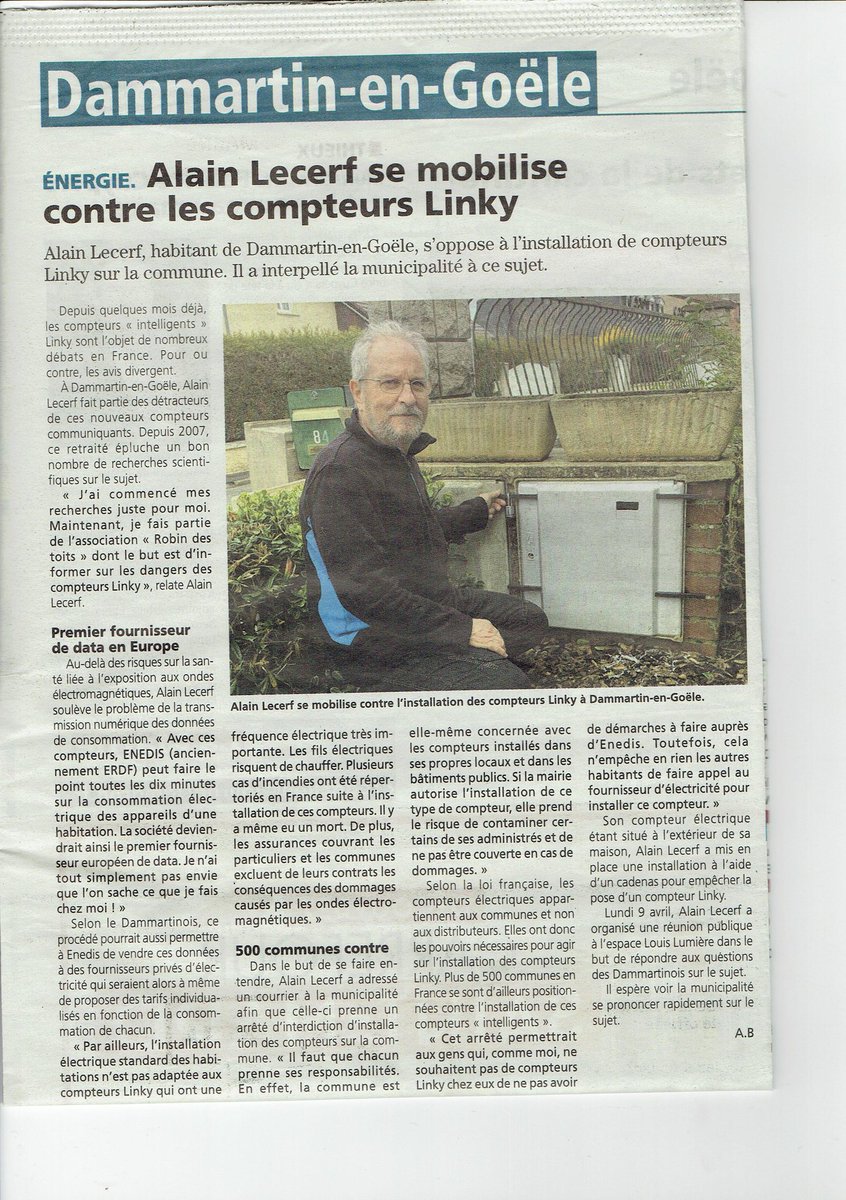 LT77_Insoumis's tweet photo. L'action d'un copain #insoumis à Dammartin-en-Goele contre les compteurs #Linsky mise en lumière dans la presse. Cette installation pose des pb de #santé, de #sécurité, de #liberté et de #democratie. Ne rien se laisser imposer. On attend la réaction de la municipalité. https://t.co/e8m0RiFioK