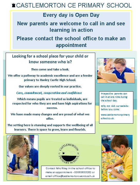 CastlemortonPri's tweet photo. Looking for a place for September and not thought of us?
Come and take a closer look. Our school is a unique and special place of learning where your child will be LOVED for who they are and encouraged to be the best that they can be. https://t.co/mkNeYTUM4G