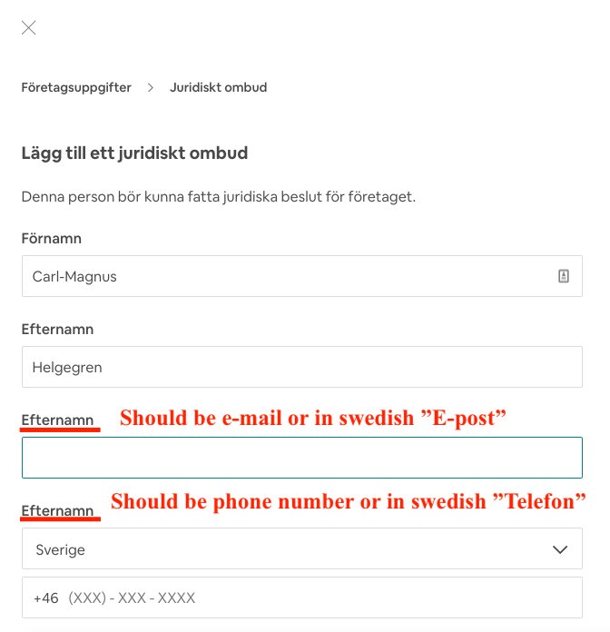 cmhelg's tweet photo. @AirbnbHelp bug report: when adding company details in the swedish version of web-app, the labels in for the form are incorrect. See attached image. Just trying to improve your service. Cheerio. https://t.co/u3ork3rtEi
