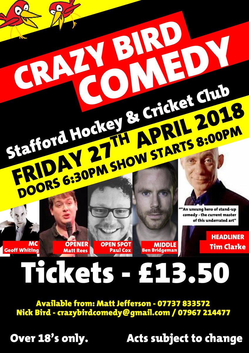 crazybirdcomedy's tweet photo. 10 days until we return to Stafford Cricket &amp; Hockey Club with another stunning line up of professional stand up comedians. Get your tickets before they all go! @StaffordHockey @StaffsCricket  @Whats_On_Stoke @StaffsCricket @StaffRangersTV @staffordrams https://t.co/3rqOkD0BPi