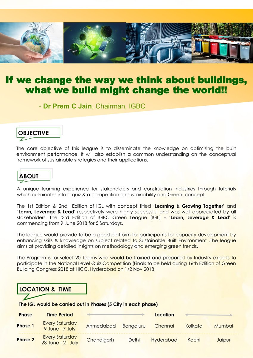 IGBConline's tweet photo. We invite you to come and be part of the @IGBConline #IndianGreenLeague2018  .Get registered for the 3rd Edition of Indian Green League (#IGL) - 'Learn, Leverage &amp; Lead' is commencing from June 9th, 2018 for 5 Saturdays.
To know more follow us @IGBConline https://t.co/5u0Tfi24vW