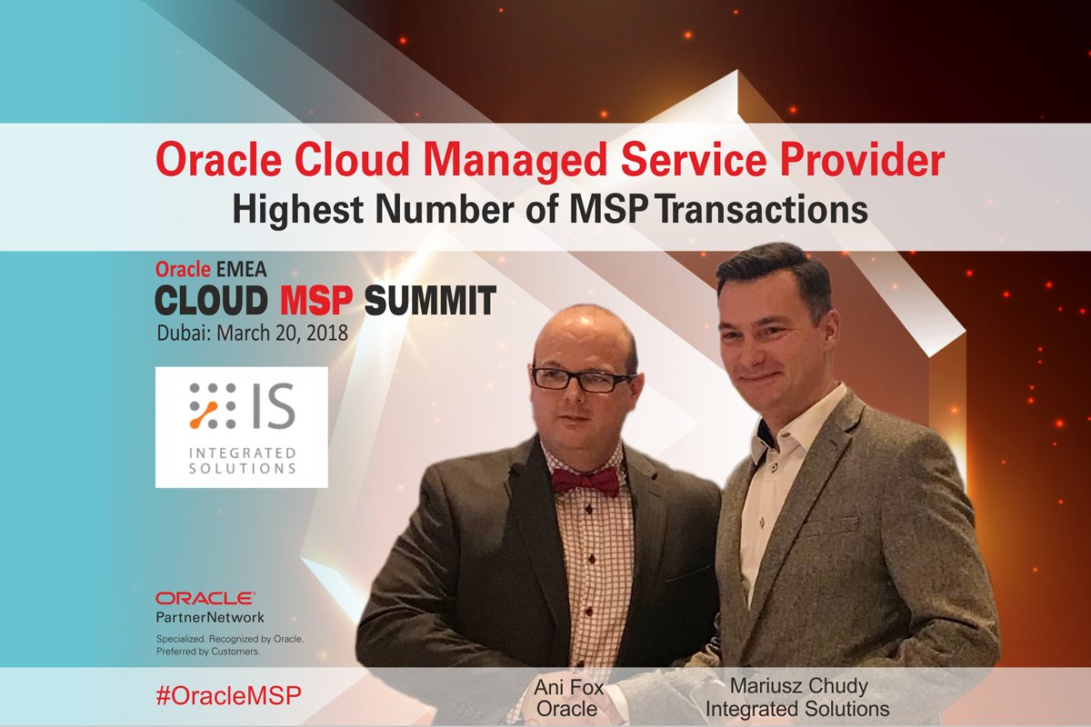 oracleemeaps's tweet photo. Congratulations to Integrated Solutions, winner of the "Highest Number of MSP Transactions" MSP Summit Award 2018 in Dubai #OracleMSP #EMEAps #OPN @Oracleemeaps @fjtorres https://t.co/mwvlkajYa9