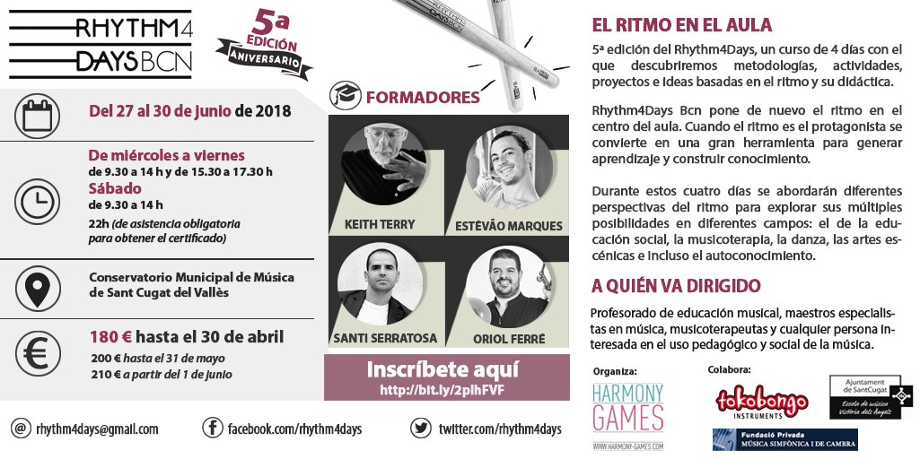 Harmony_Games's tweet image. ¡Todo listo para el Rhythm4Days 2018!

22 horas de formación con: #KeithTerry, @SantiSerratosa @Estevaoplay @Oriol_Ferre 

🗓️ Del 27 al 30 de junio de 2018

Más información: rhythm4days.com

Formulario de inscripción: bit.ly/2plhFVF