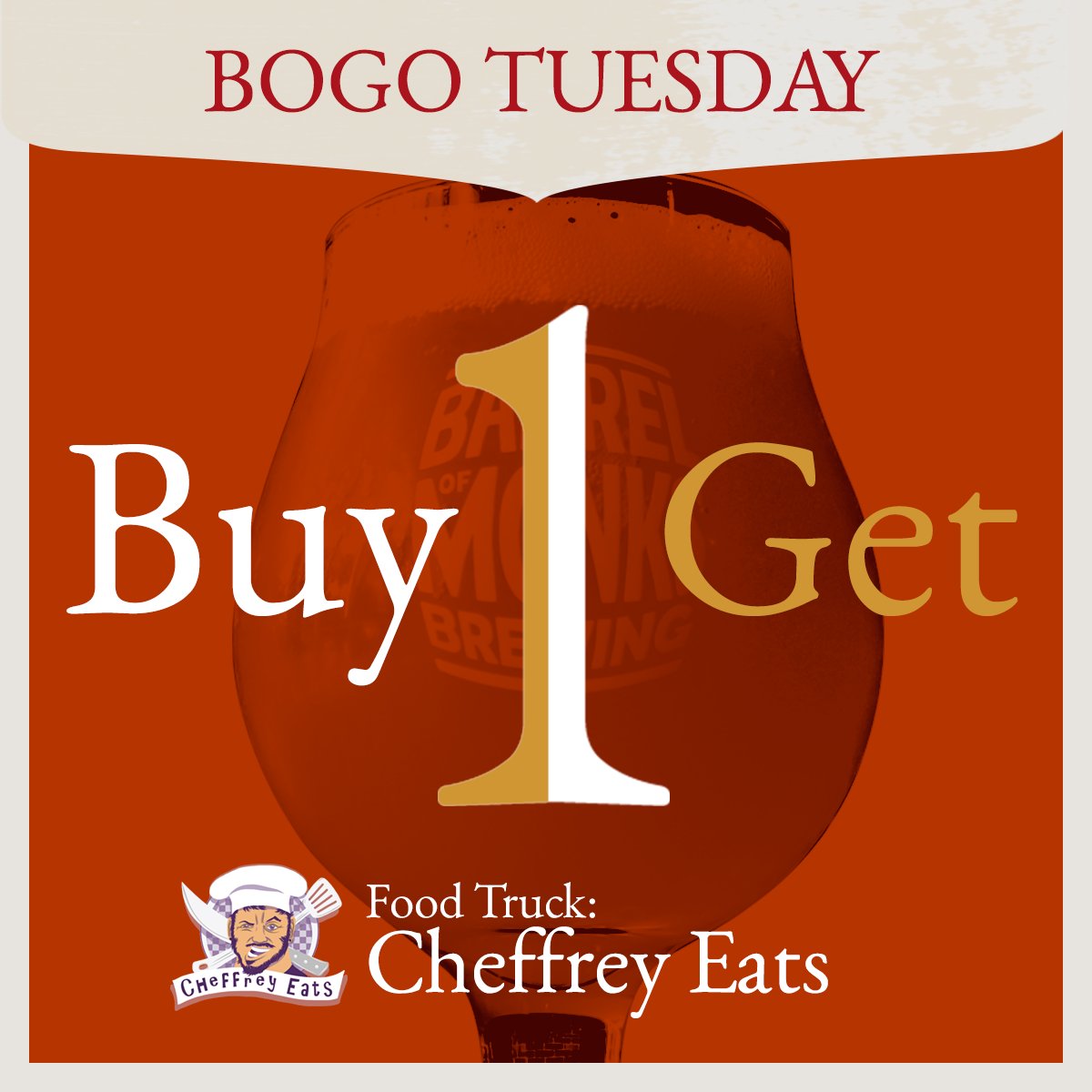 BarrelofMonks's tweet photo. Tuesday is BOGO at Barrel of Monks, and we have @CheffreyEats supplying some decadent fare to go along with the brews! #BocaRaton #BOMBsquad #WizardWit #BOGO #BrewsDay #Tuesday #BocaRaton https://t.co/OBlzrr2zBH