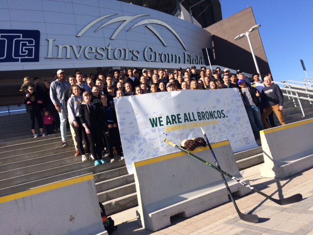 Bison athletes stand #HumboldtStrong as a sign of respect in light of the April 6 tragedy. 

Banner signed by <a href="/Wpg_BlueBombers/">Winnipeg Blue Bombers</a> and our athletes is headed to Humboldt this week.