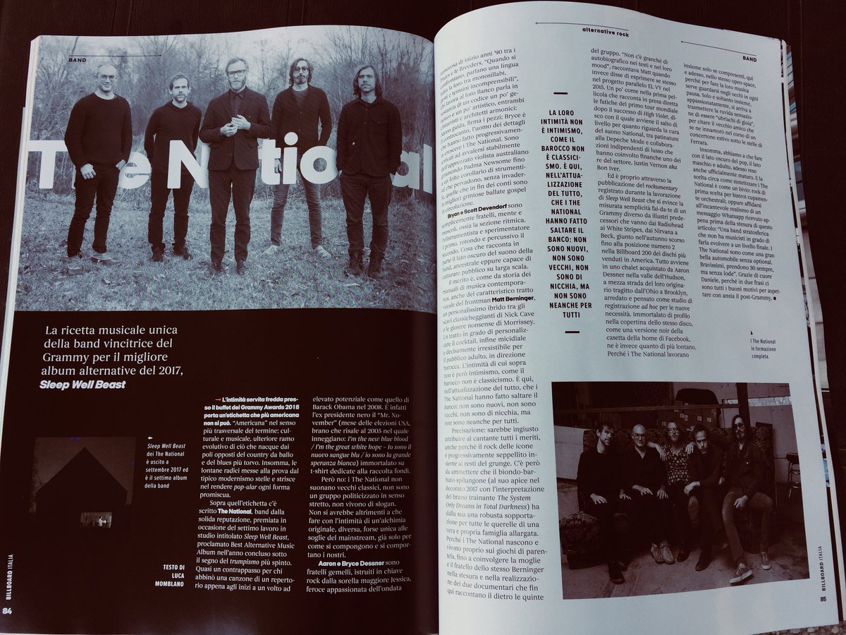 MomblanOfficial's tweet photo. Anche un mio focus dedicato ai @TheNational per il #Grammy 2017 sul nuovo numero di @BillboardItalia. https://t.co/CUazyilaee