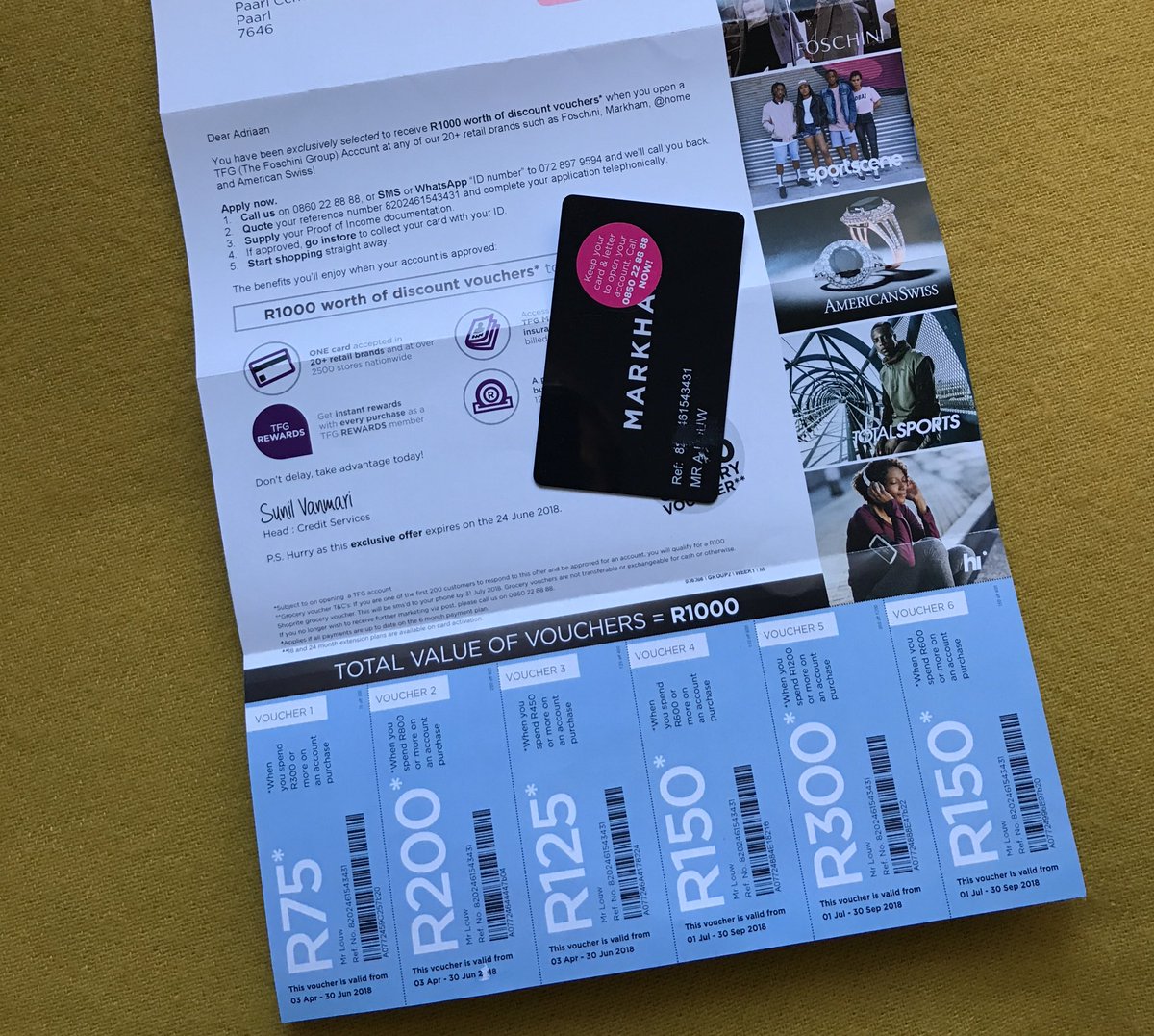 Round two of Store Credit Spam in the mail, this time from The Foschini Group ( <a href="/TFGZA/">TFG</a> ). I was never in store, never requested credit, never gave permission and yet I receive a store card with my name on it!
