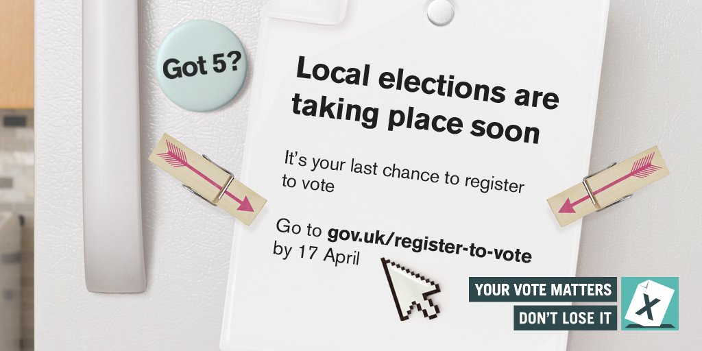 #Got5 today? Register to vote by midnight so you don’t miss out on the local elections bit.ly/2EGeVfQ  #localelections #Got5